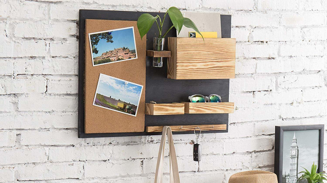 MyGift’s Wall-Mounted Organizer incorporates a corkboard with hooks, sunglass holders, a mail slot, and more to be the ultimate, trendy place to store stuff next to your front door.